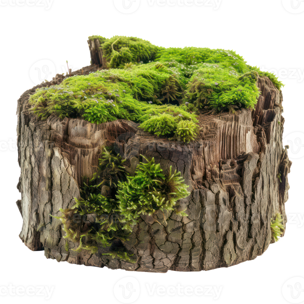 AI generated Old tree stump covered with green moss in natural forest setting on transparent background png