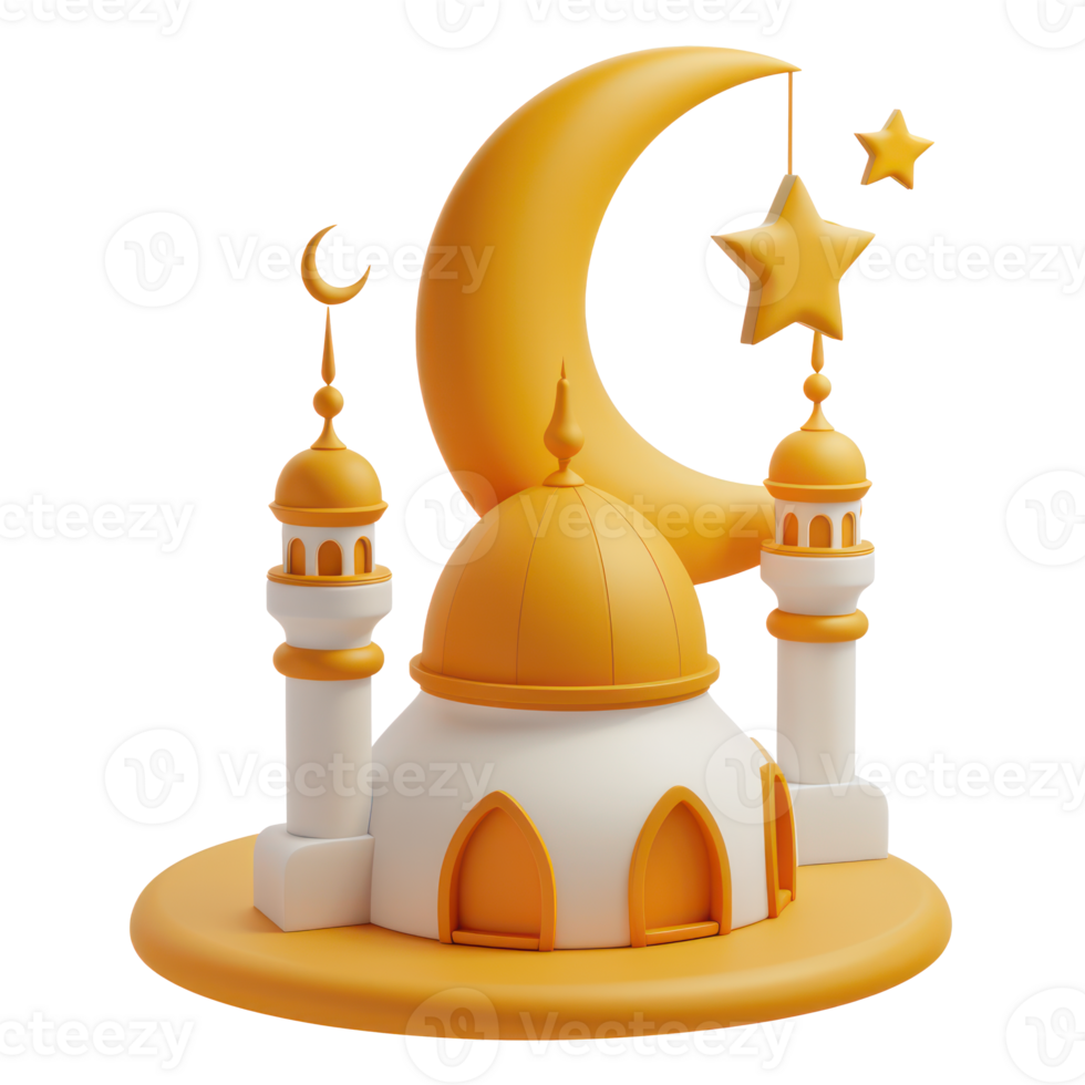 ai generiert Halbmond Mond und Sterne Über Moschee mit Minarette und golden Kuppeln. Ramadan Tag Konzept mit transparent Hintergrund png