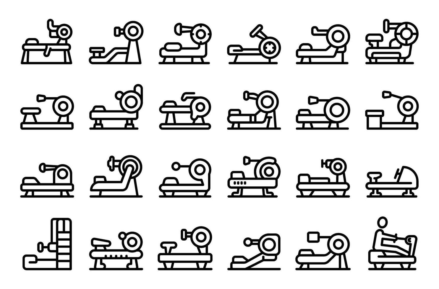 Rowing machine icons set outline vector. Exercise active gym vector