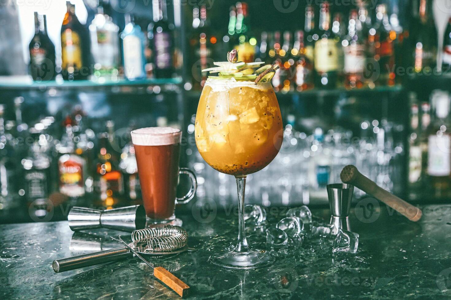 Close Up of a Cocktail Drink on a Bar Counter photo