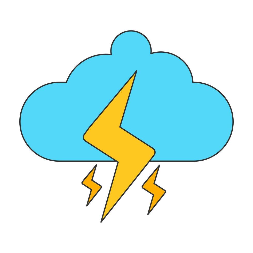 Blue cloud with yellow glowing lightning bolt. Weather on isolated white background vector