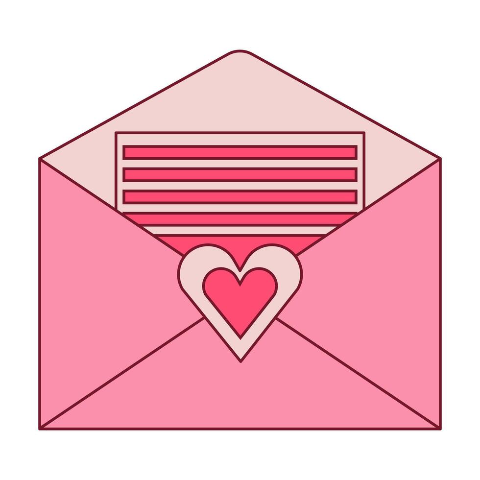 Open pink envelope with letter paper. Heart stamp vector