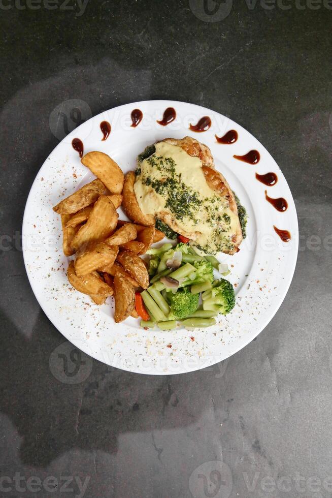 Delicious Meal on Wooden Table photo