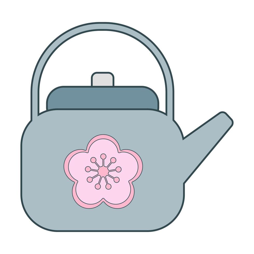 Tea pot and simple Sakura cherry blossom. Sakura Pink Flowers vector