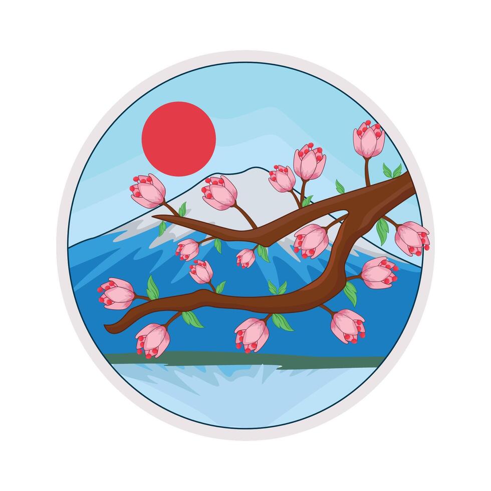 illustration of fuji mountain and cherry blossom vector