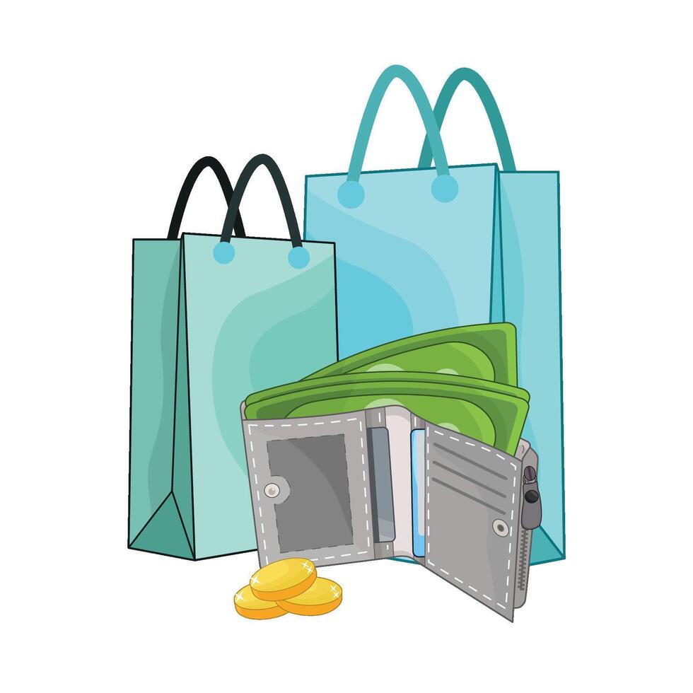 ilustración de billetera con compras bolso vector