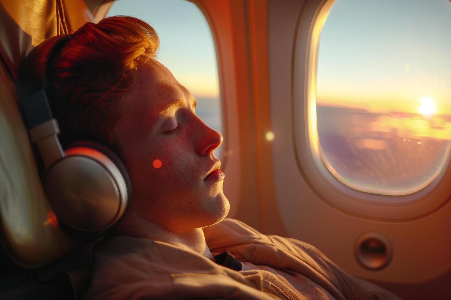 AI generated Man Relaxing with Headphones on Airplane. photo