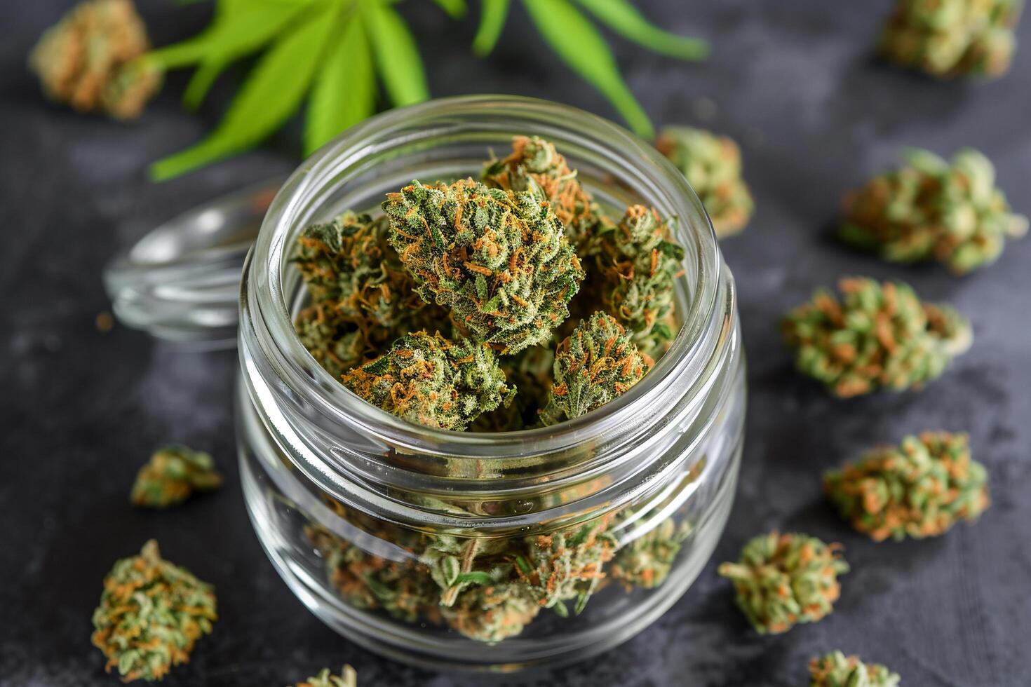 AI generated Cannabis Buds in Jar Closeup with Fresh Leaves photo