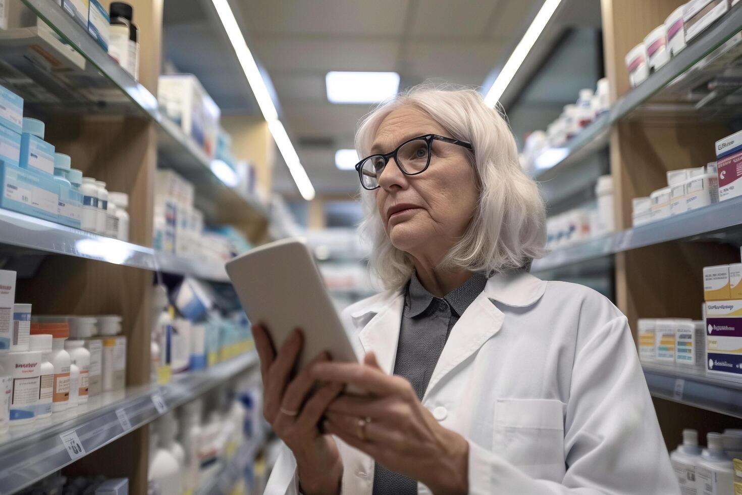 AI generated Experienced Pharmacist with Digital Tablet in Pharmacy with AI generated. photo