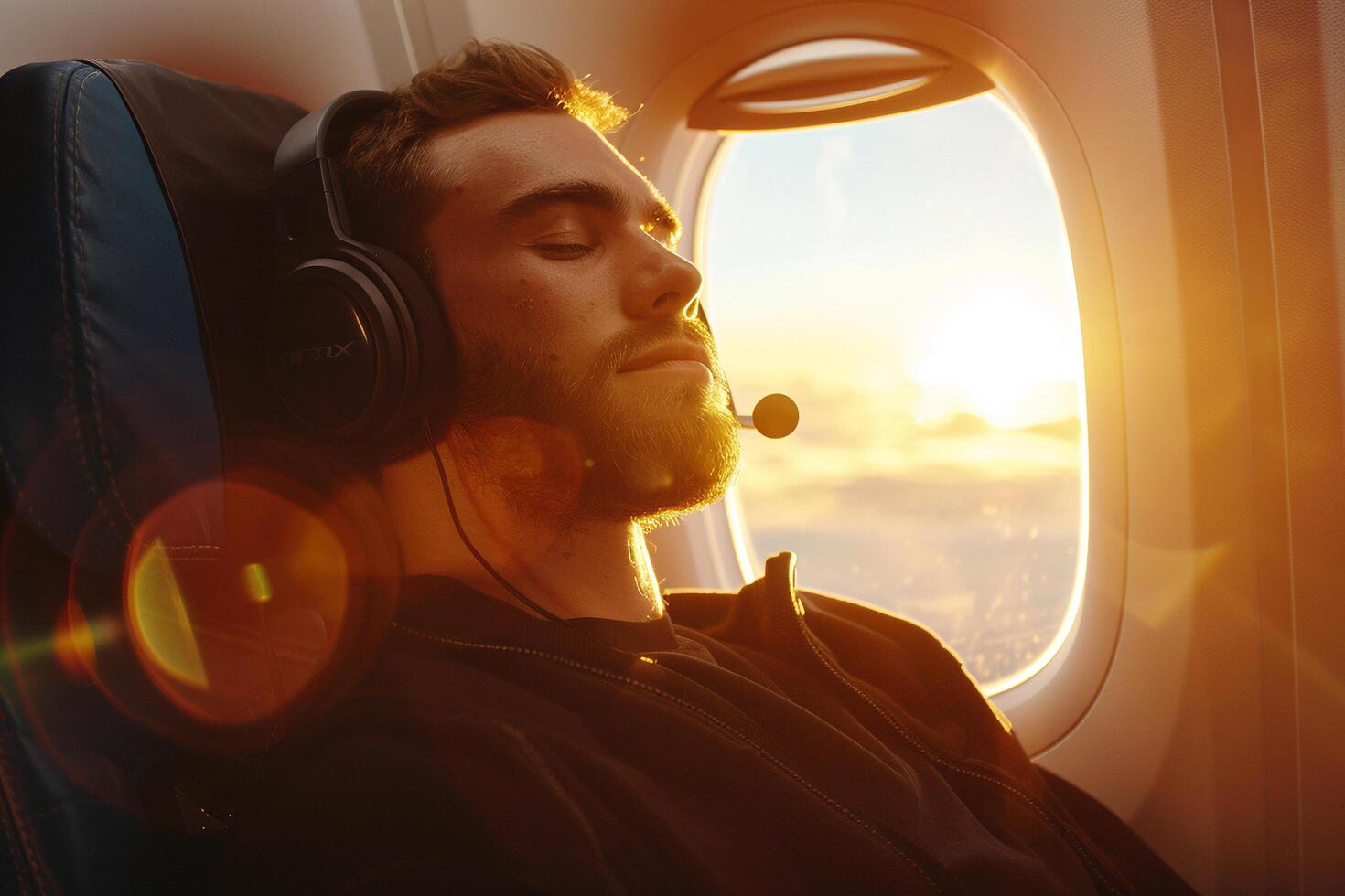 AI generated Man Relaxing with Headphones on Airplane. photo