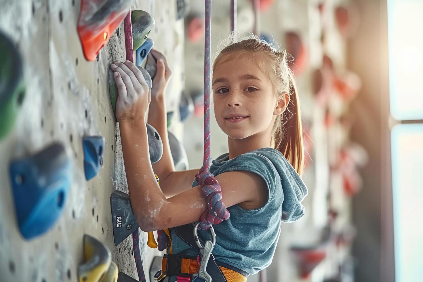 AI generated Young Climber Practicing on Indoor Climbing Wall with AI generated. photo