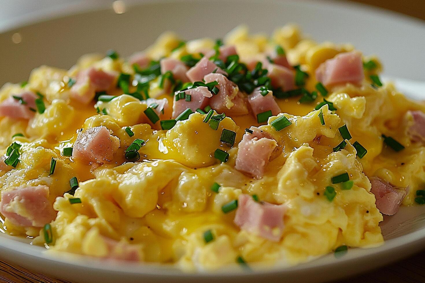 AI generated Scrambled Eggs with Ham and Herbs in Bowl. photo