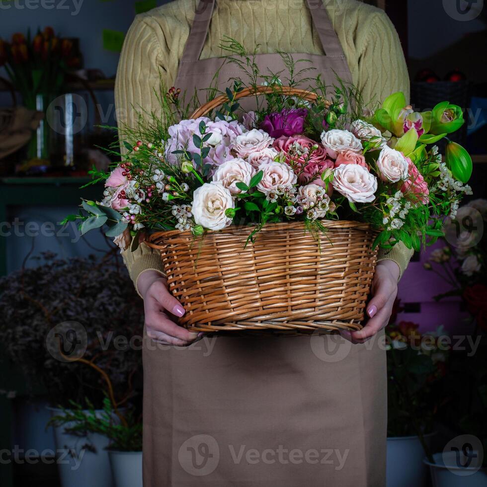 Person Holding Basket With Flowers, Copy Space photo