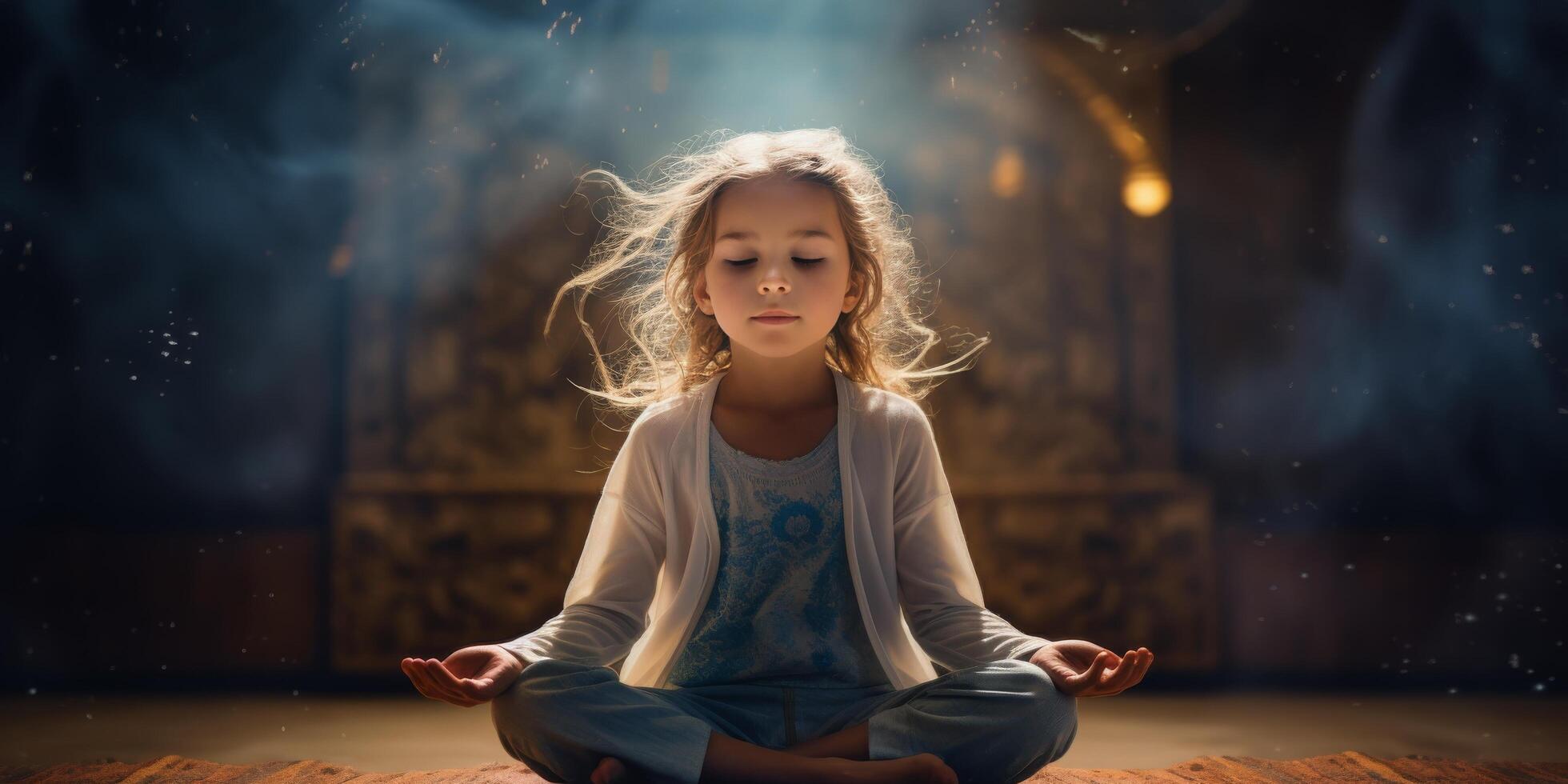 ai generado un pequeño niña meditando en el loto posición foto