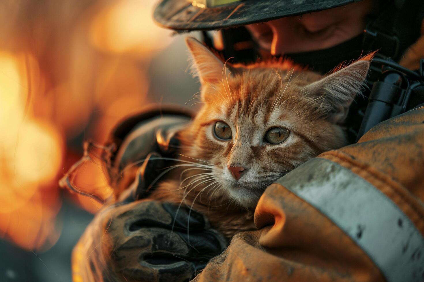 ai generado bombero consolador un gato en medio de chispas con ai generado. foto