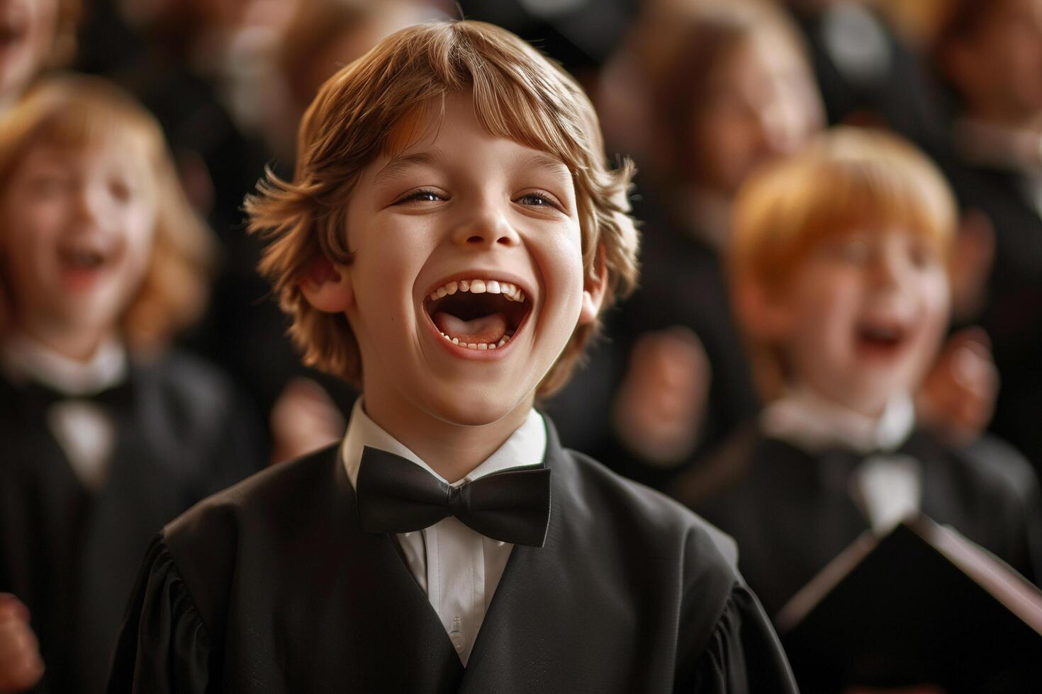 AI generated Joyful Boy Singing in Choir Performance. photo
