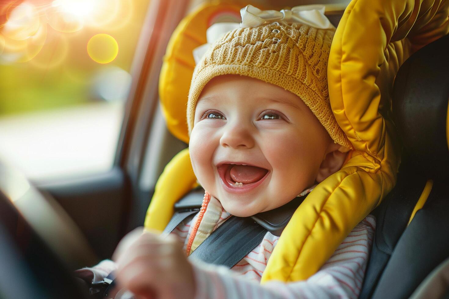 AI generated Happy Toddler in Car Safety Seat. photo