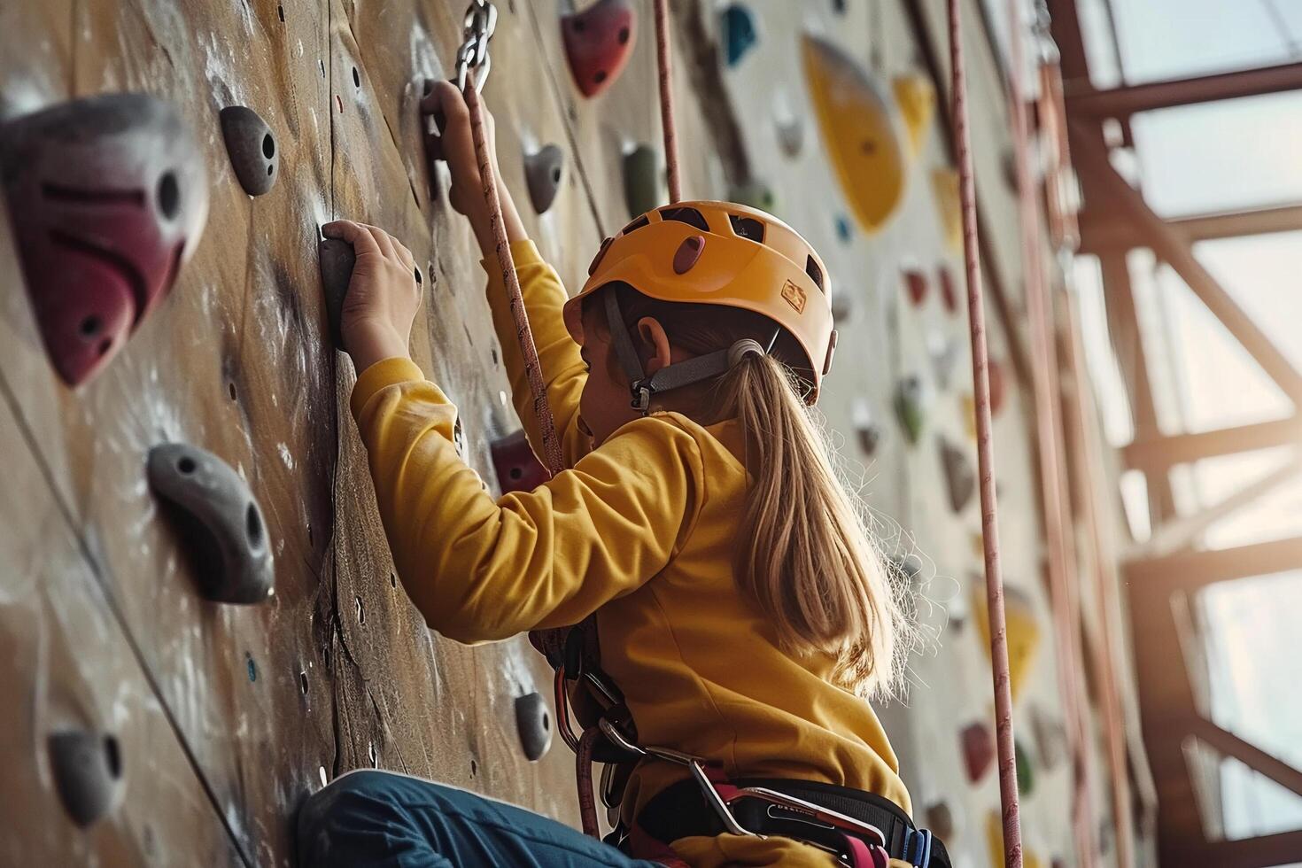 AI generated Young Climber Practicing on Indoor Climbing Wall with AI generated. photo