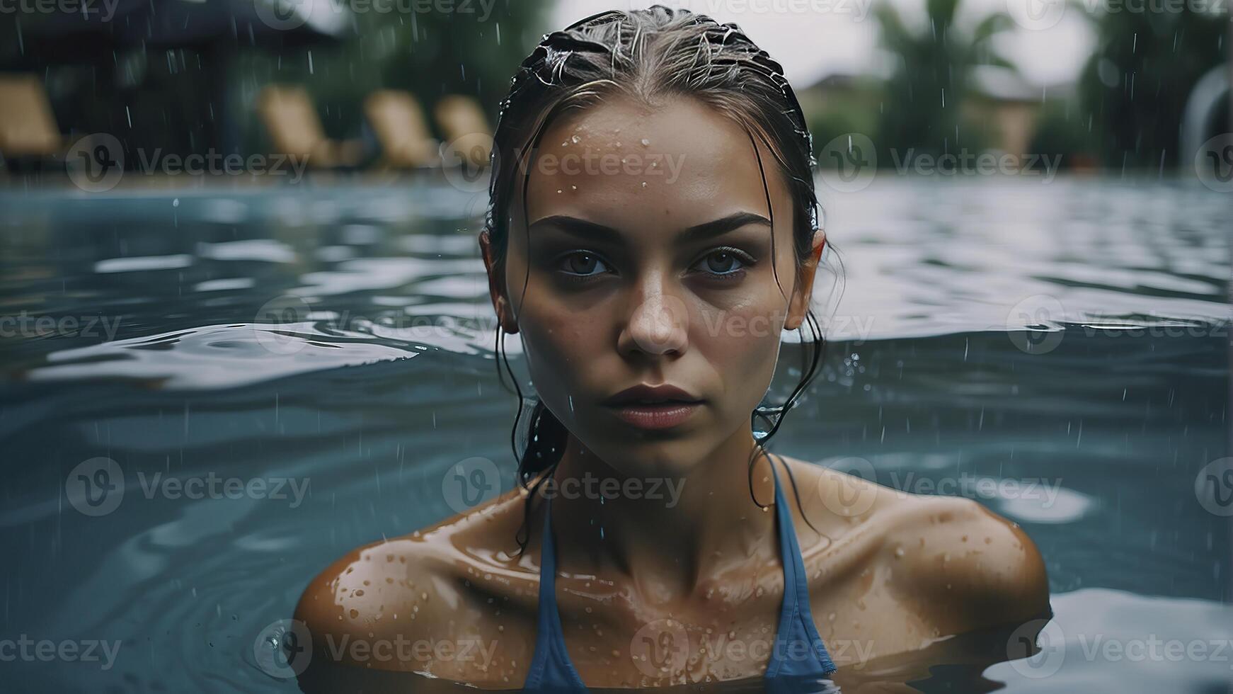 ai generado retrato de un bonito niña en el piscina, mojado retrato, mojado gir en el piscina, mujer es nadando en el piscina foto