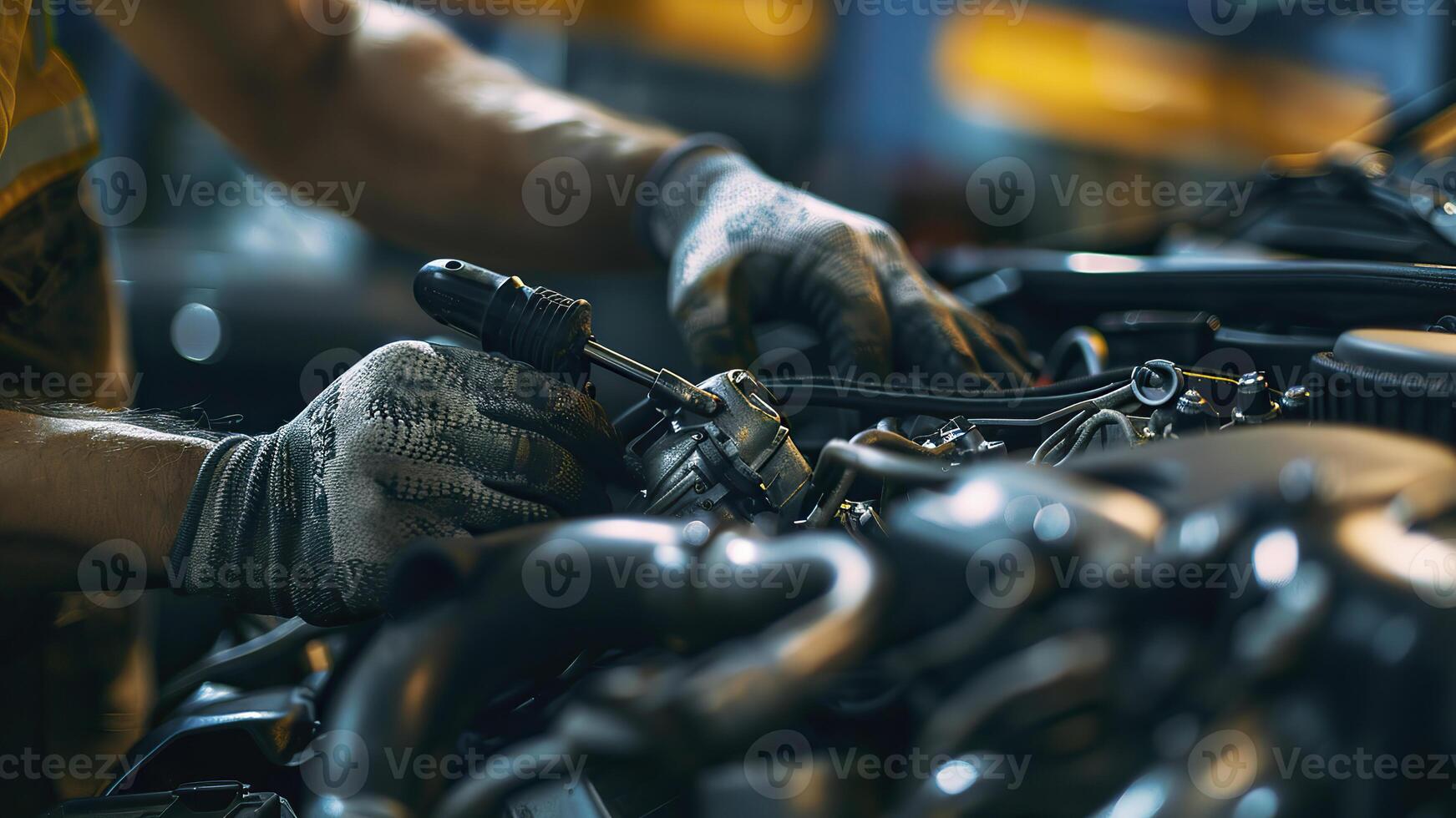 AI generated auto mechanic working in workshop, close up a car mechanic repairing car engine, service worker at the work photo