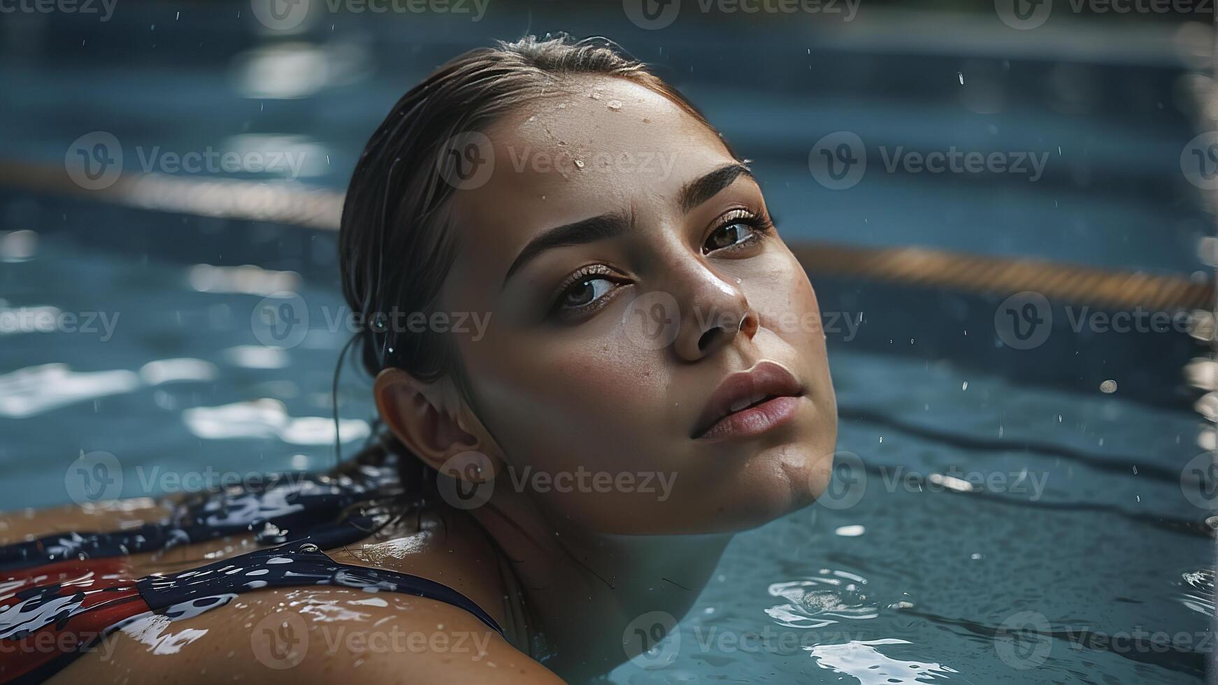 ai generado retrato de un bonito niña en el piscina, mojado retrato, mojado gir en el piscina, mujer es nadando en el piscina foto