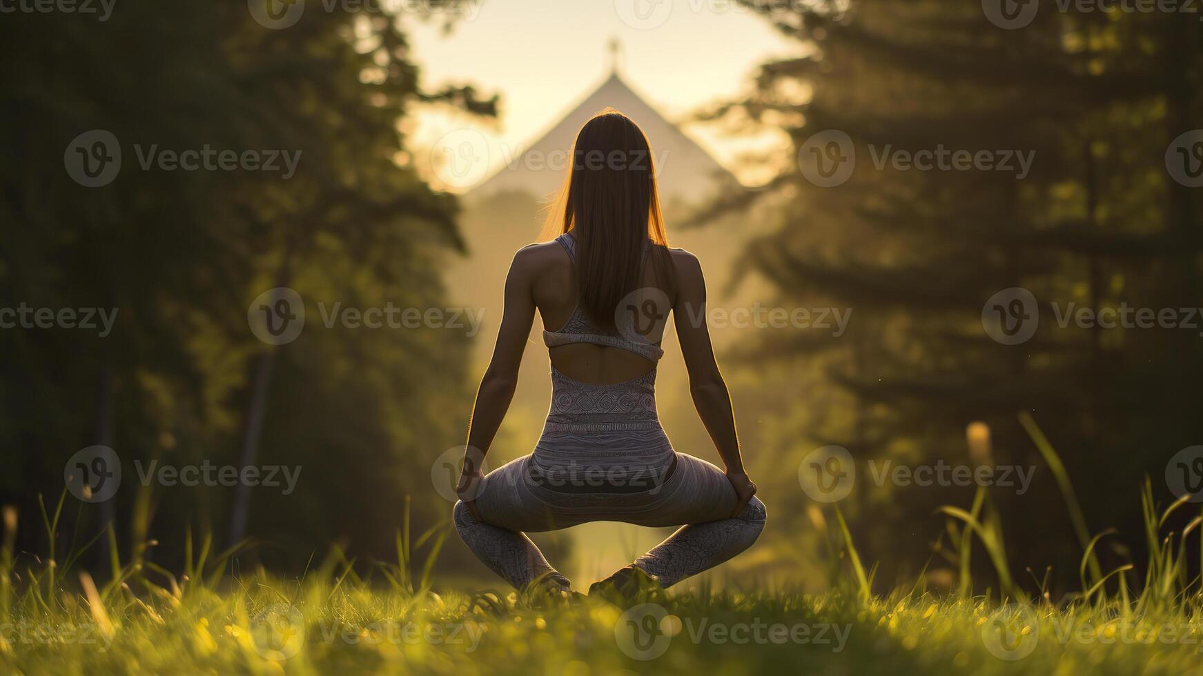 AI generated pretty young woman doing yoga in the nature, yoga time in the naturre, woman relaxing in the nature, pretty woman doing yoga exercise photo