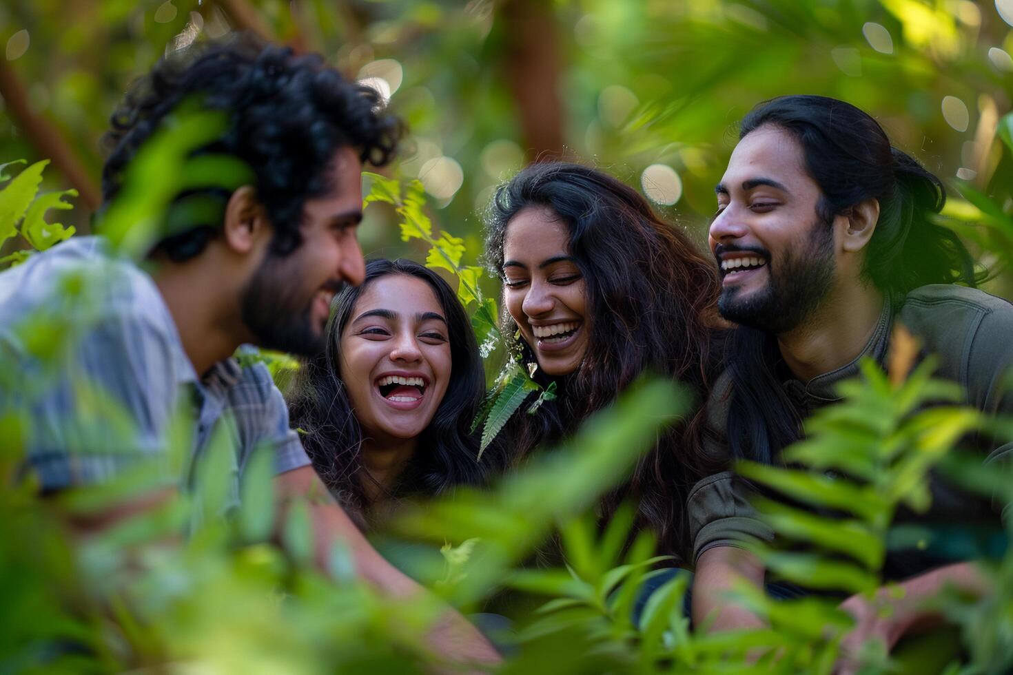 ai generado alegre amigos riendo juntos en naturaleza. foto