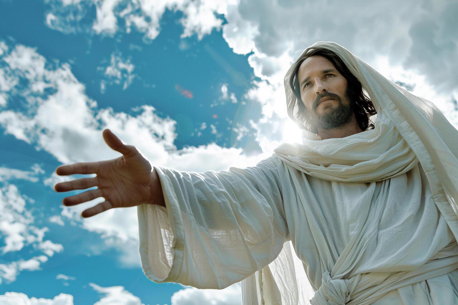 AI generated Man Portraying Jesus Offering Hand Against Sky with AI generated. photo