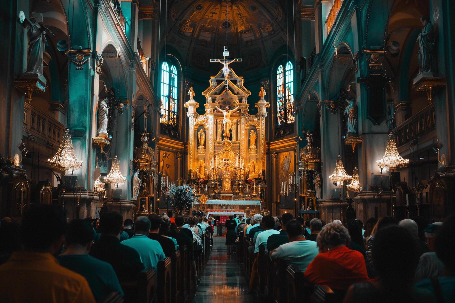 ai generado luz de sol transmisión mediante Iglesia durante Servicio con ai generado. foto