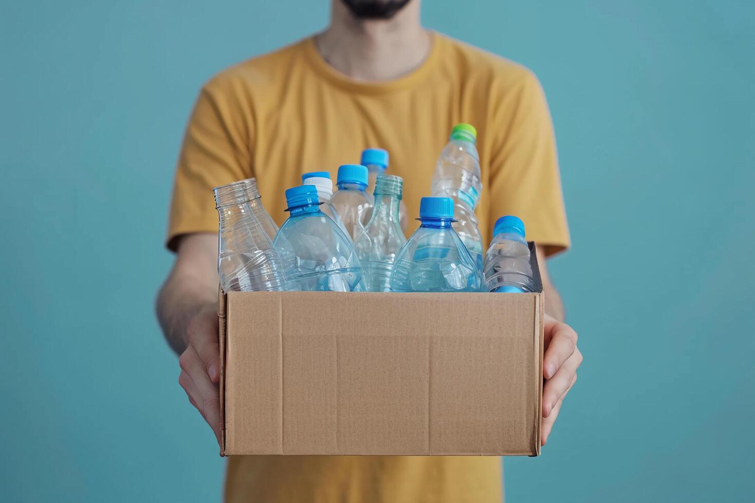 AI generated Person Holding Cardboard Box of Plastic Bottles with AI generated. photo