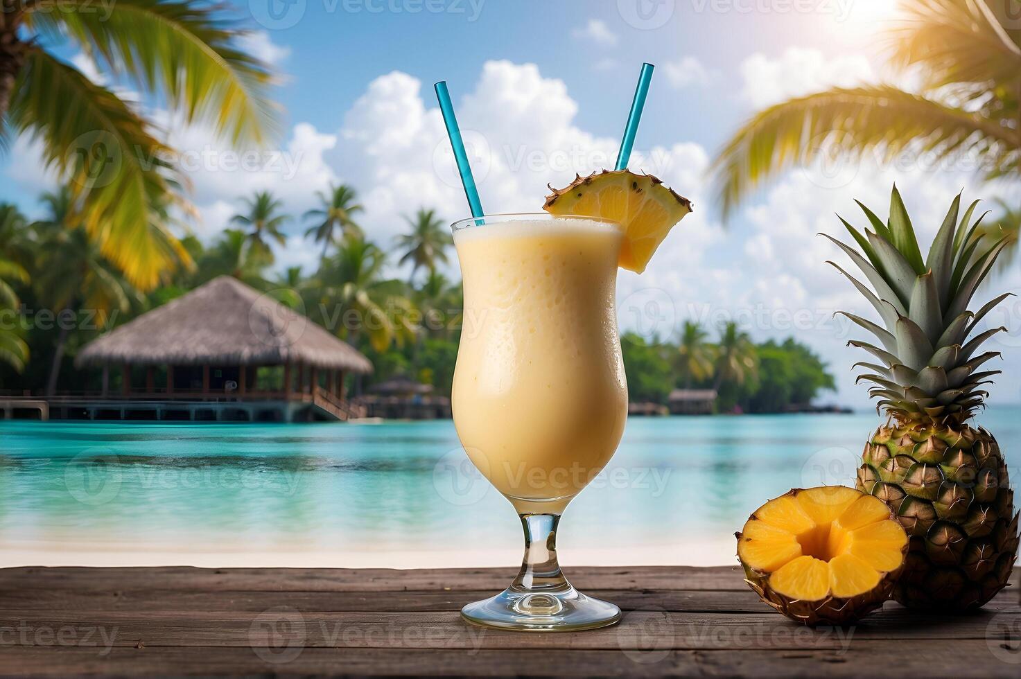 ai generado un delicioso piña colada en un de madera mesa con vista a un tropical paraíso complejo. foto