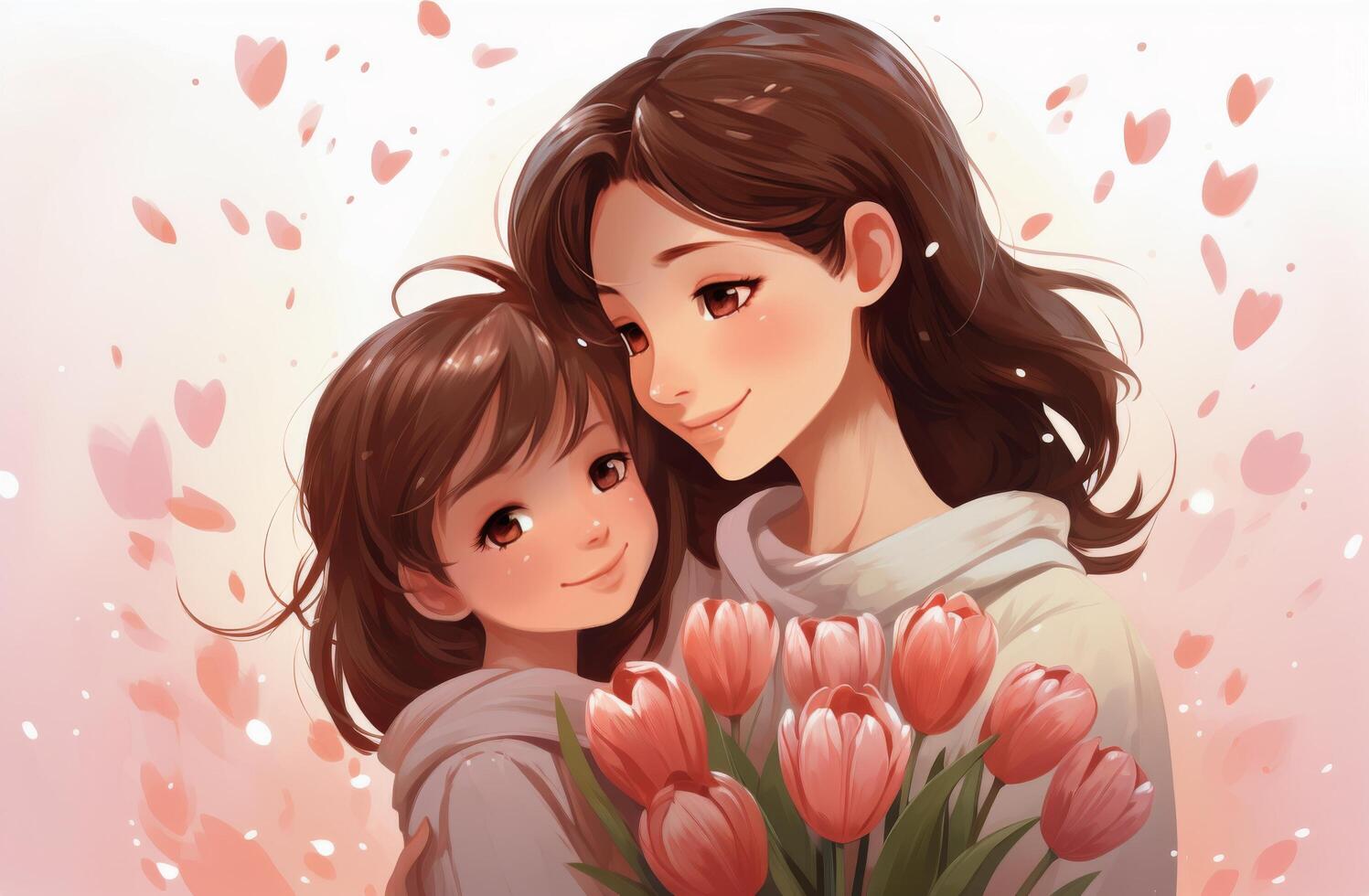 AI generated a woman and child standing close to each other with a bouquet of tulips photo