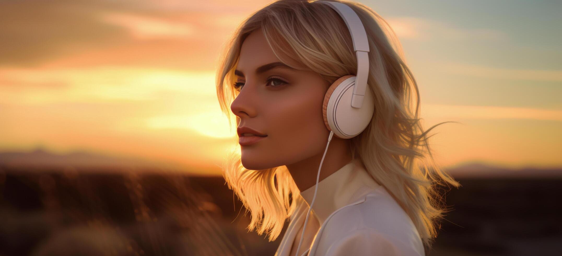 AI generated a girl wearing headphones in the background during sunset photo