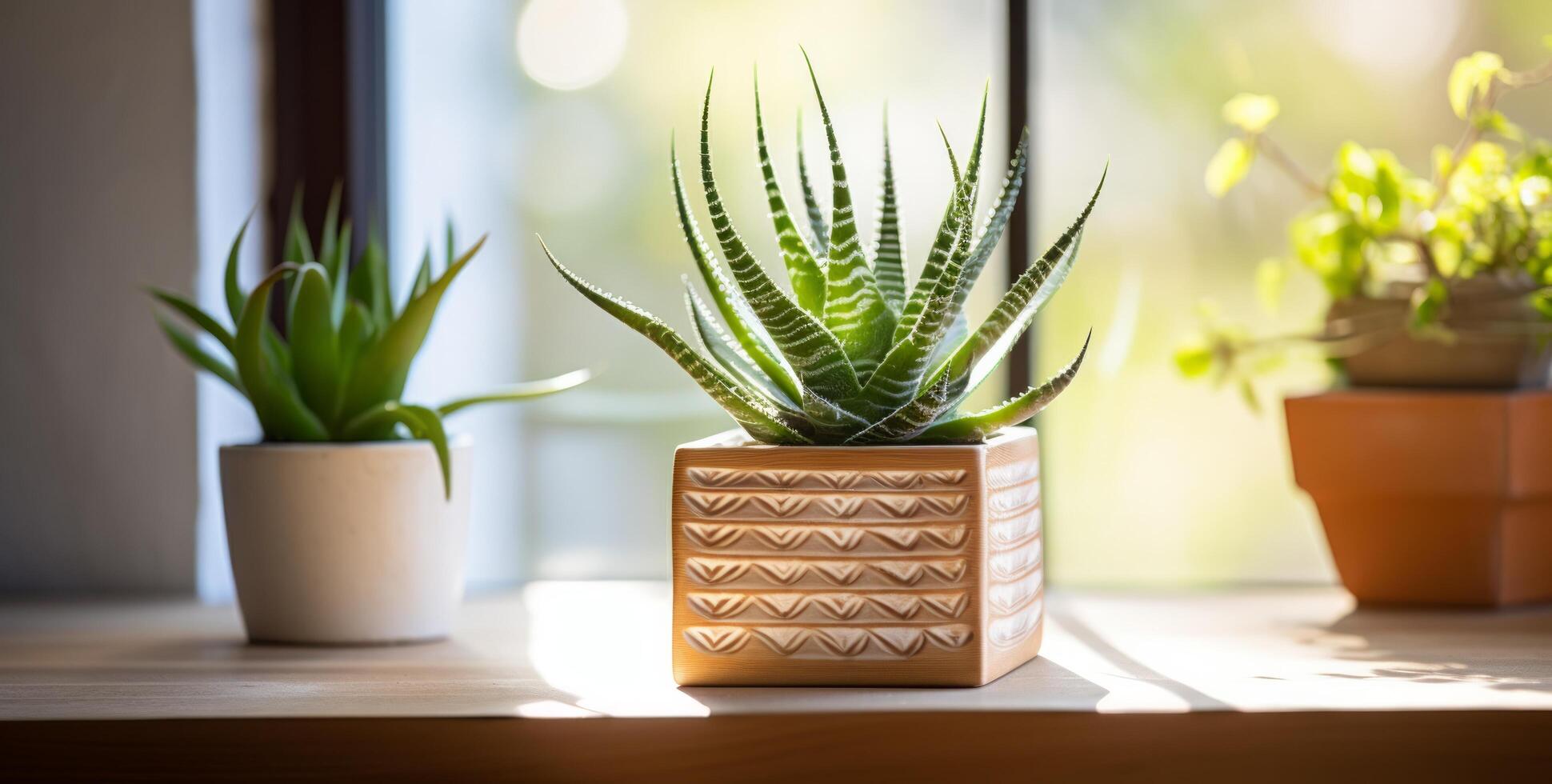 AI generated aloe plants in a pot on a wooden shelf photo