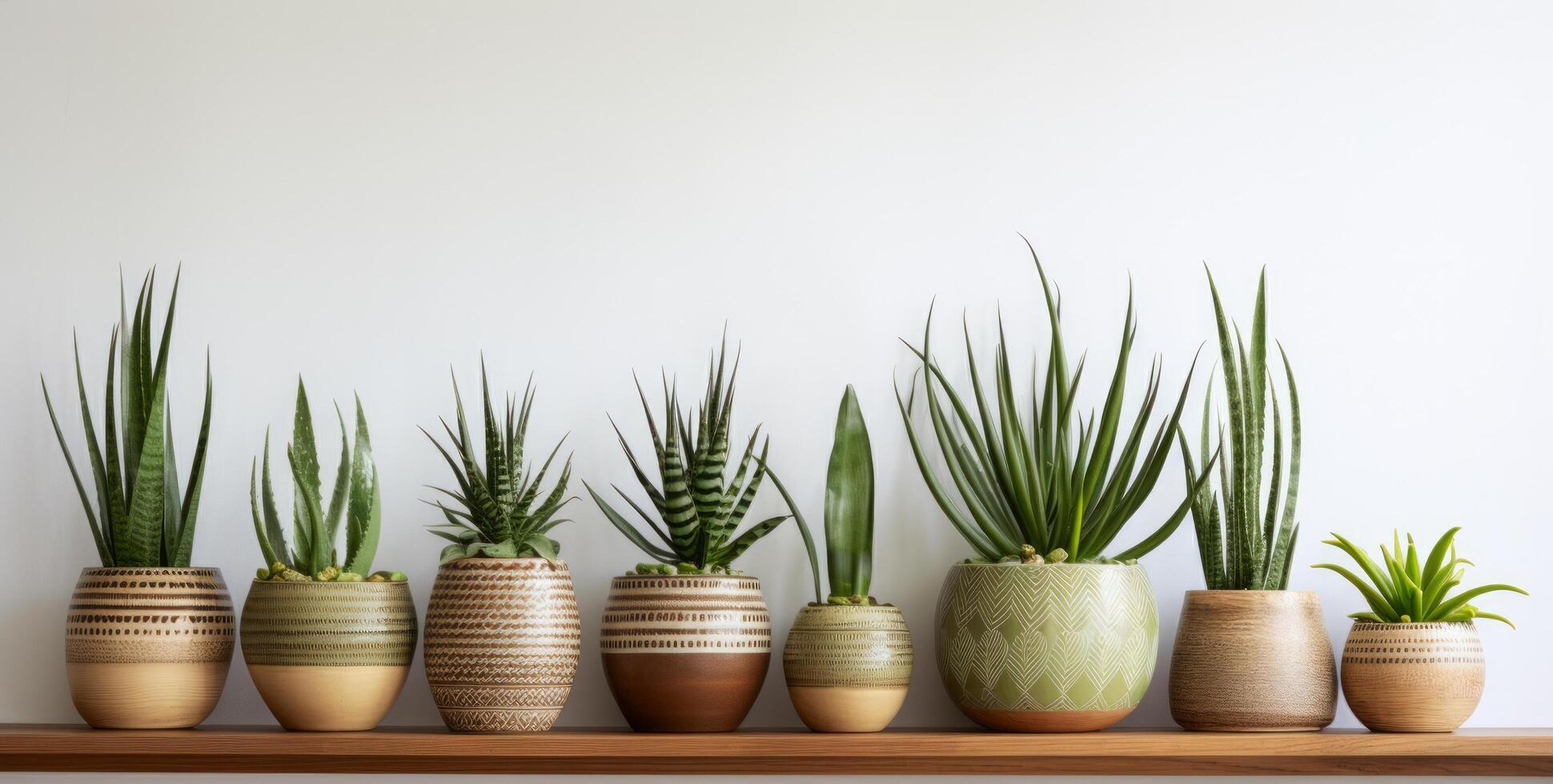 AI generated aloe plants in a pot on a wooden shelf photo