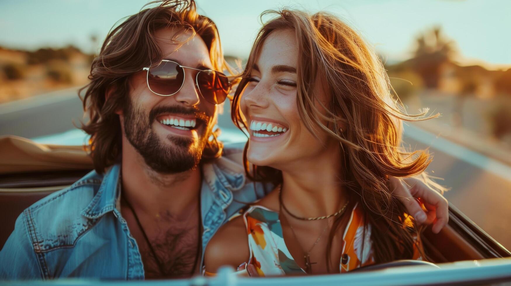 AI generated A fun and adventurous photo of a couple on a road trip, sitting in a colorful vintage car and laughing together