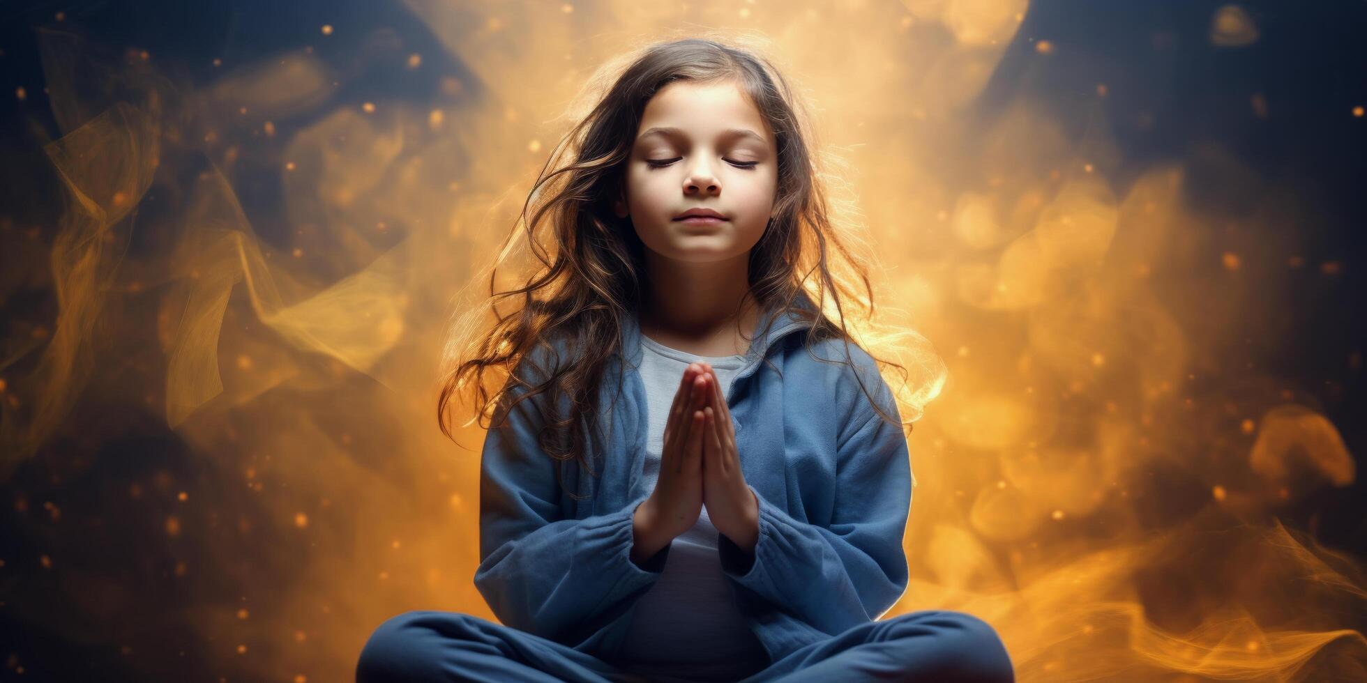 AI generated Young girl sitting on the floor and meditating photo