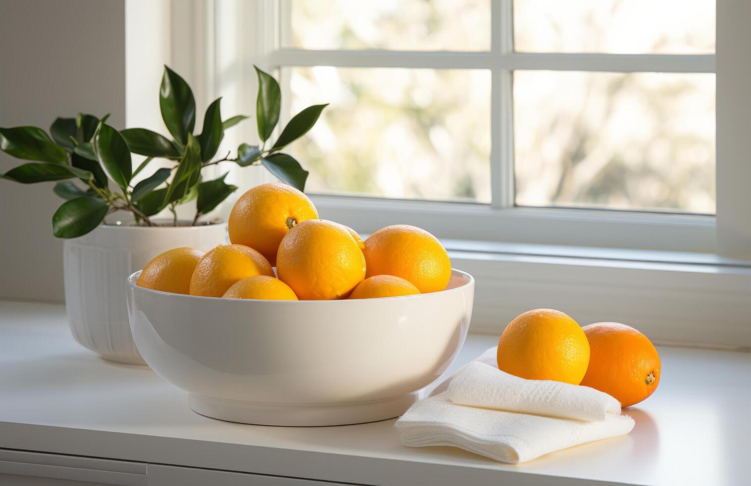 AI generated a white bowl filled with oranges on top of a sink photo