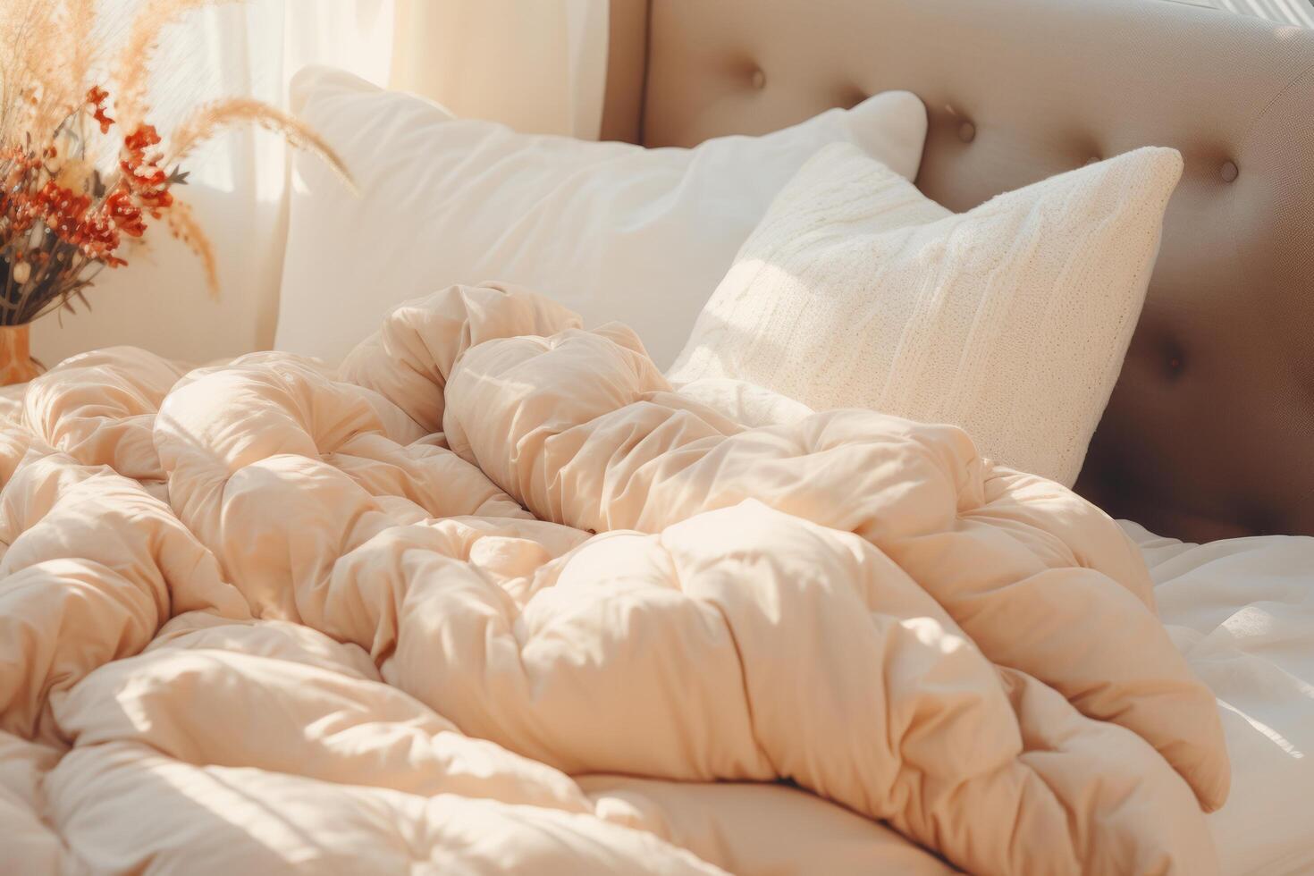 AI generated a white, tan, and beige down pillows on a bed photo