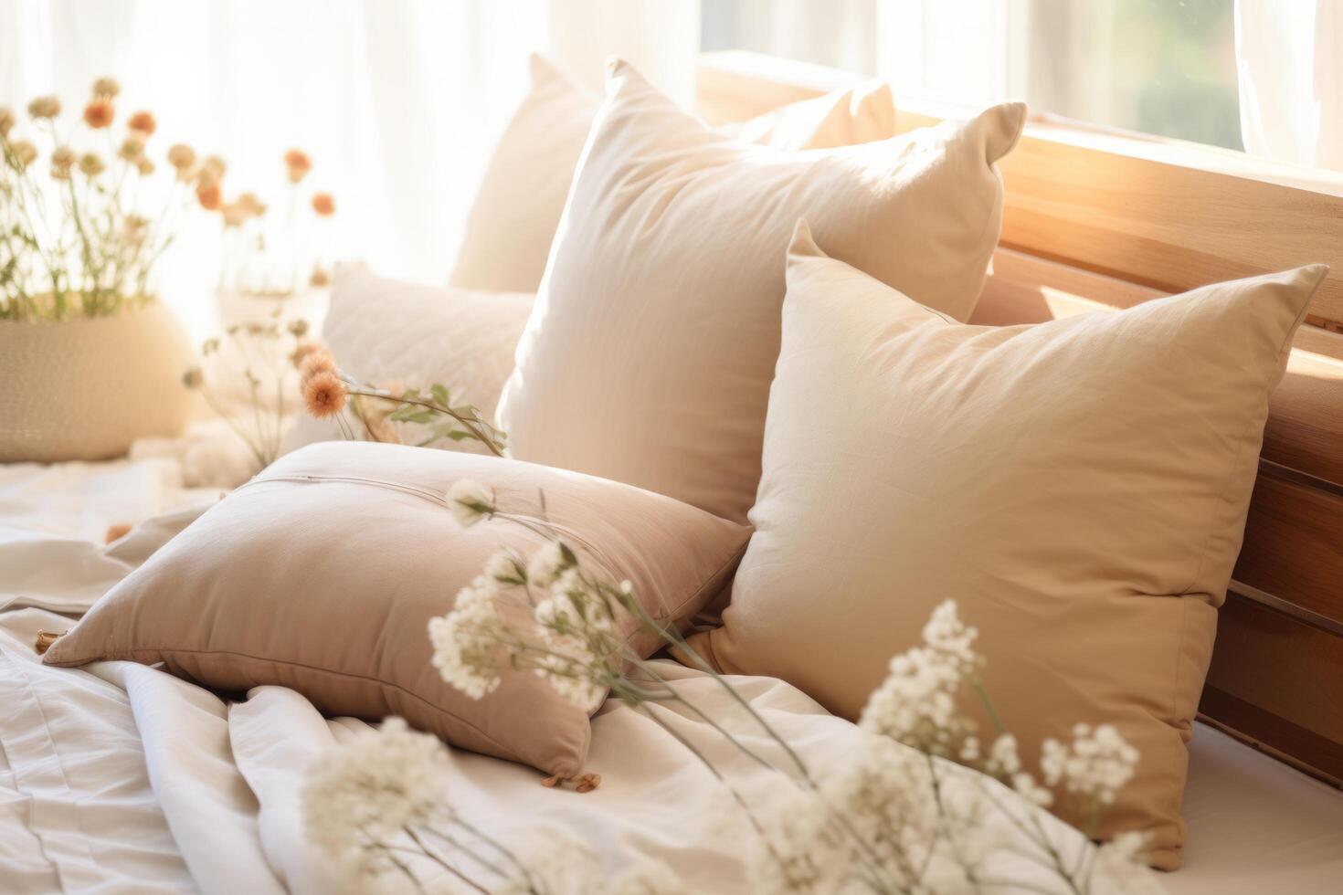 AI generated a white, tan, and beige down pillows on a bed photo