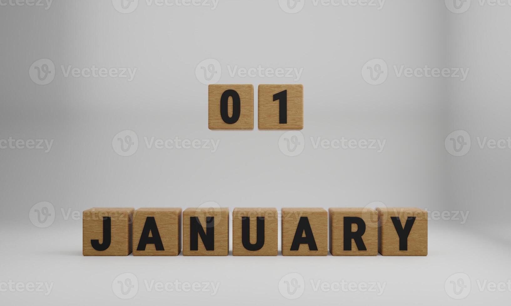 wooden cubes with arranged letters. January and 01 on blurry white background photo