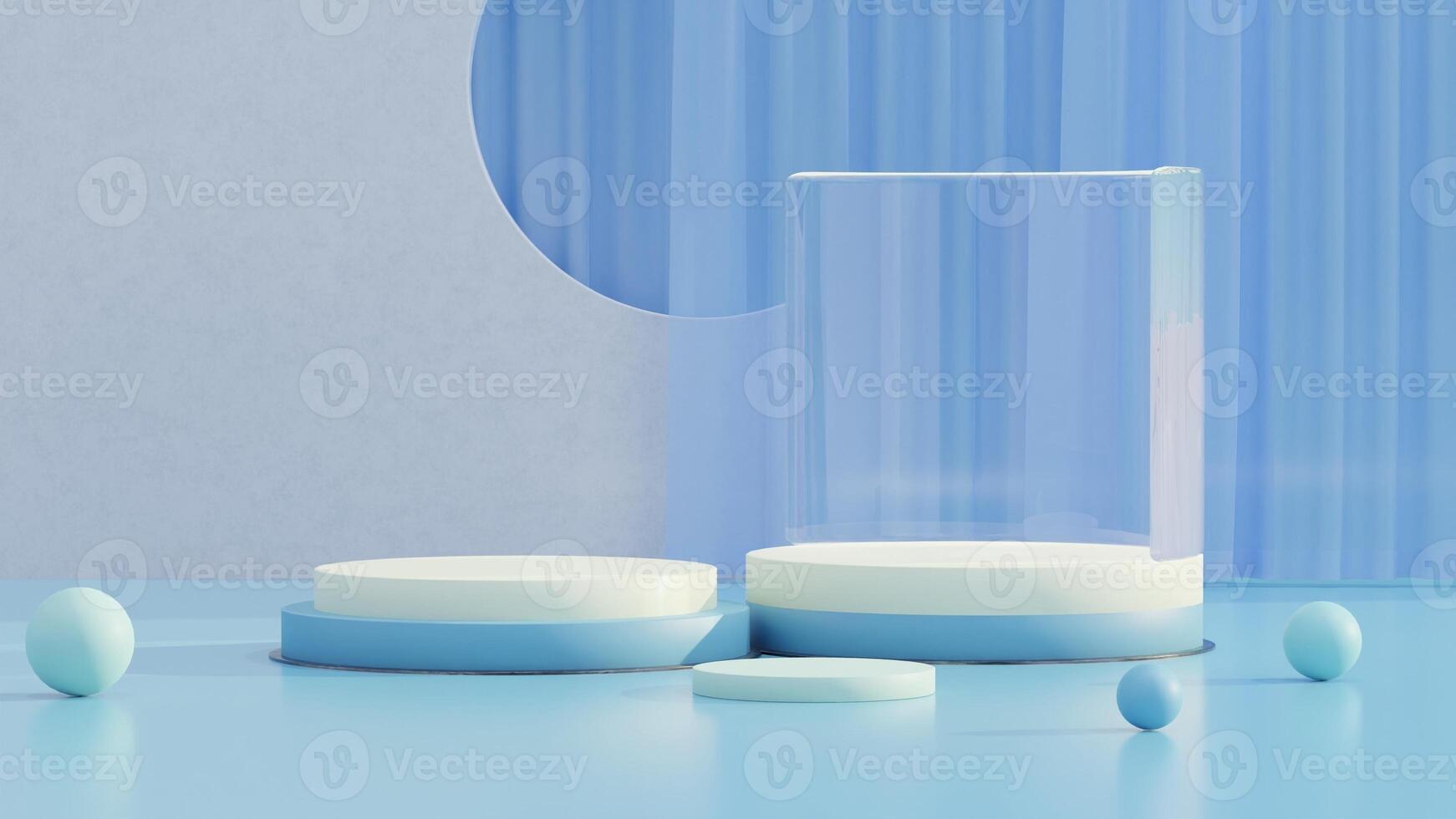 minimalist product presentation podium, with transparent glass and curtain on blue and white background, 3D rendering photo