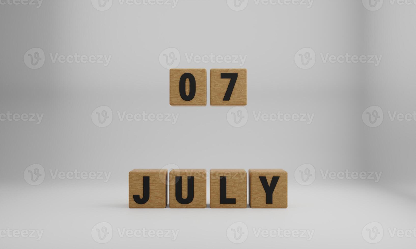 wooden cubes with arranged letters. July and 07 on blurry white background photo