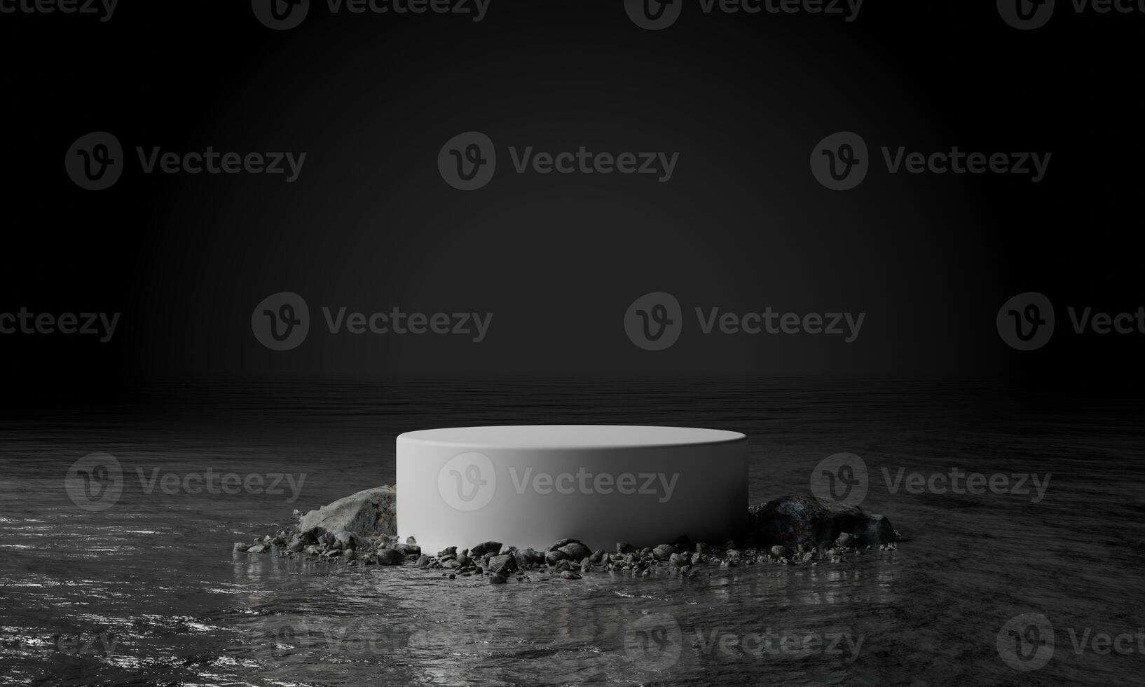 3d minimalist product presentation, monochrome color background, night scene with rock and water as a floor, and dark color wall photo