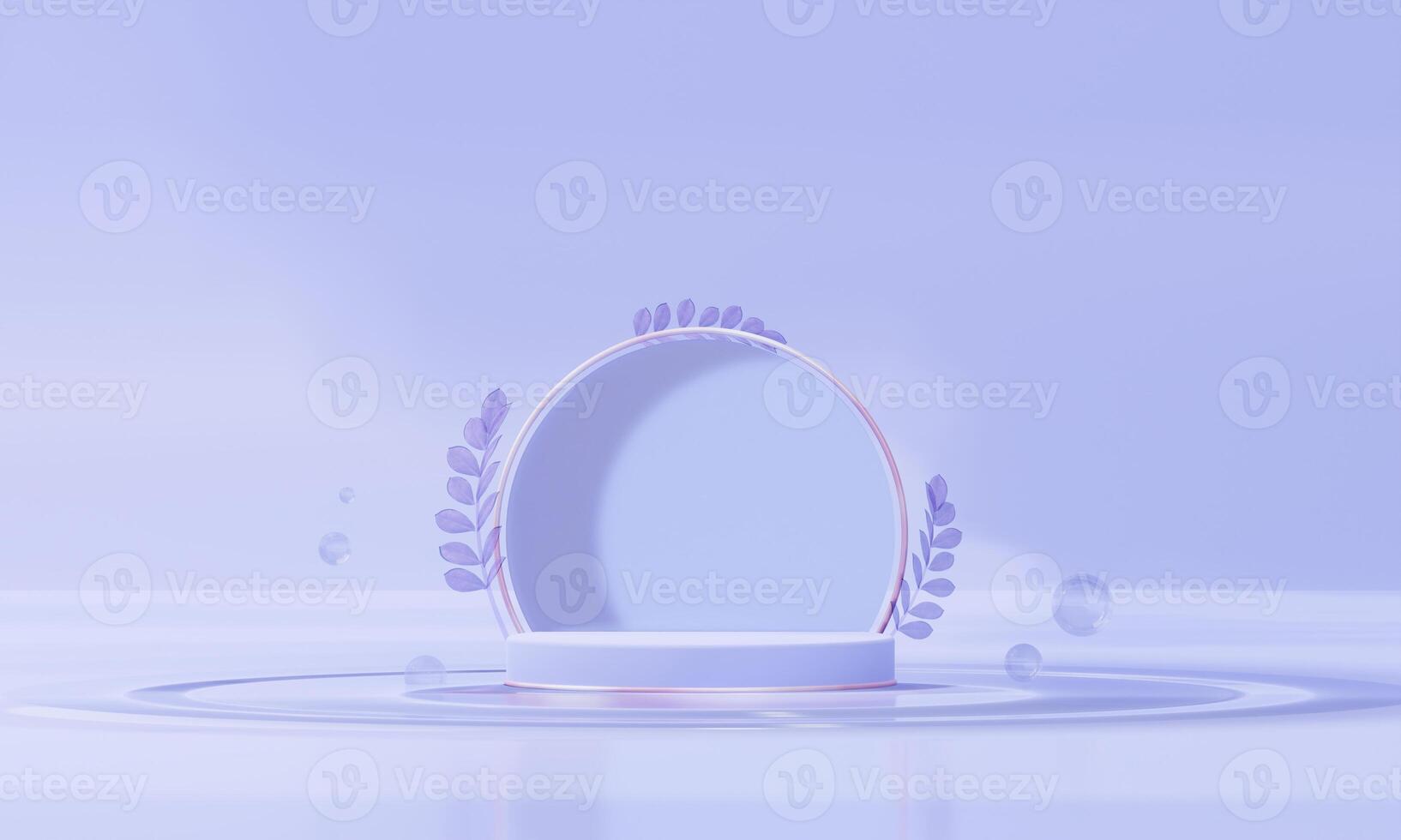 3d render background podium product presentation, minimalis purple pastel color, with abstract circle and leaves, and spherical water effect on the floor photo