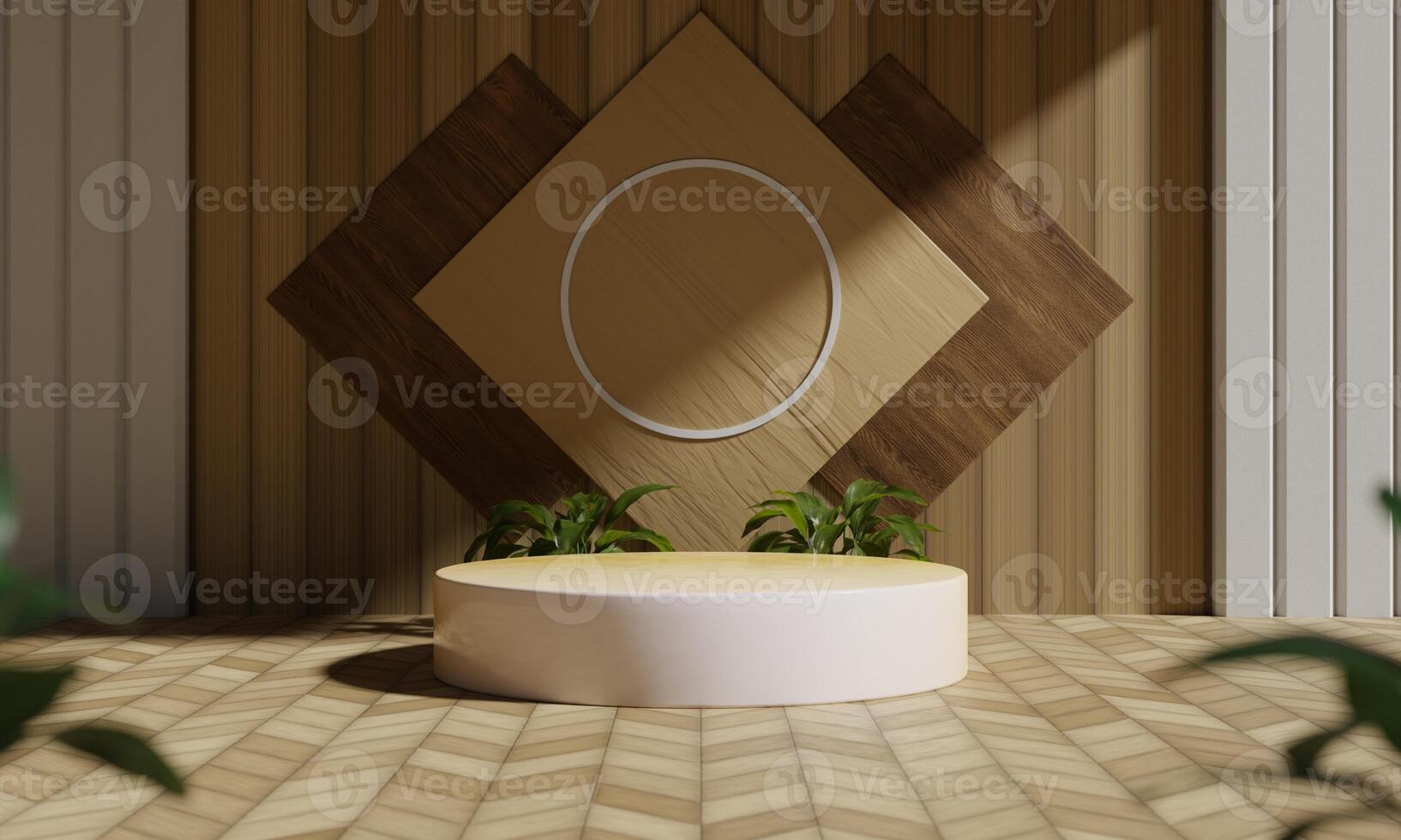 3d rendering podium product presentation, background with wooden floor and wall, and plant, light coming from top right creating a shadow photo