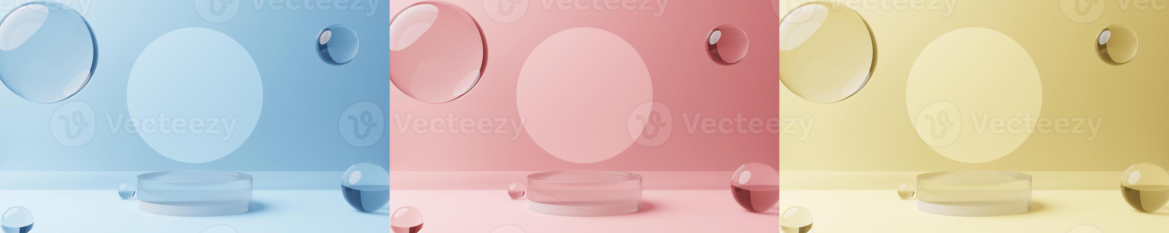 3d minimalist glass podium product presentation with glass bubble, blue red and yellow color background photo