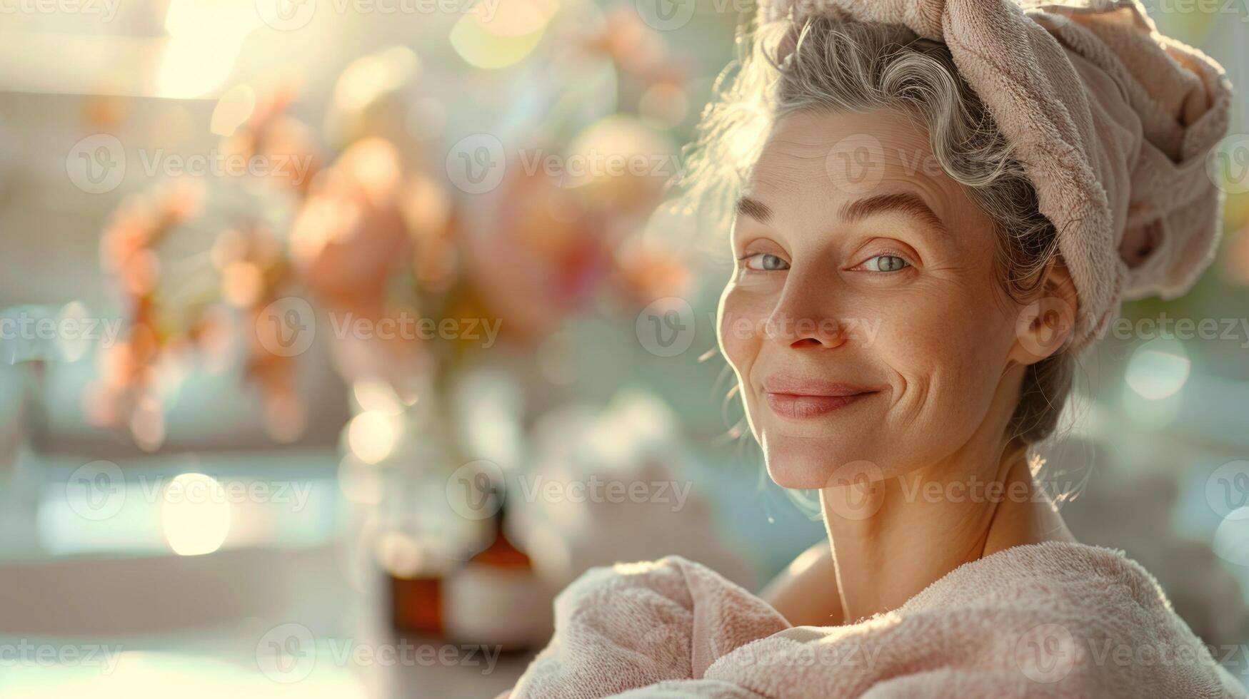 AI Generated Tranquil spa retreat. rejuvenating body care for lovely elderly woman amidst steam room, sauna, and water treatments, promoting relaxation and skin rejuvenation photo