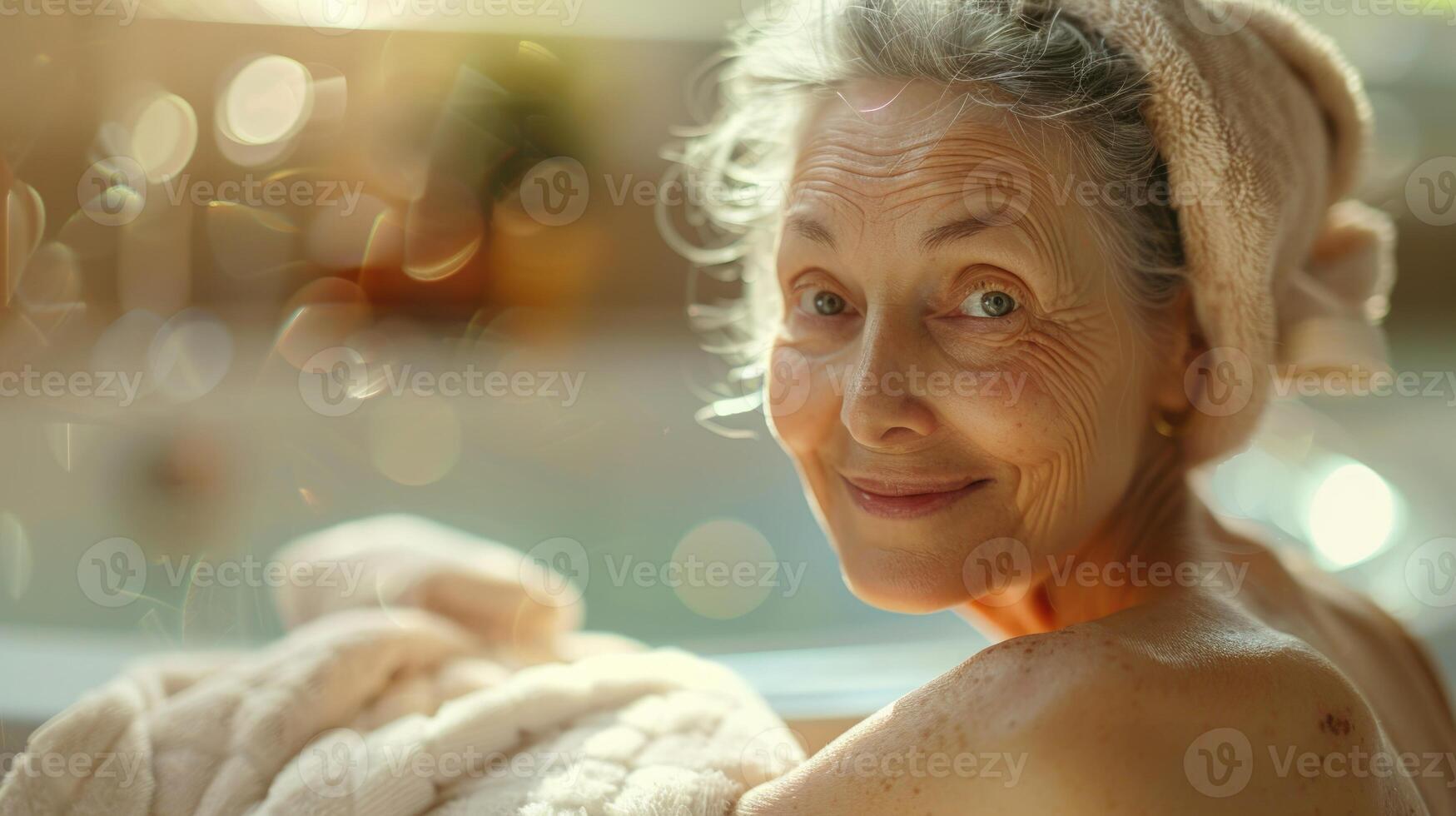 AI Generated Tranquil spa retreat. rejuvenating body care for lovely elderly woman amidst steam room, sauna, and water treatments, promoting relaxation and skin rejuvenation photo