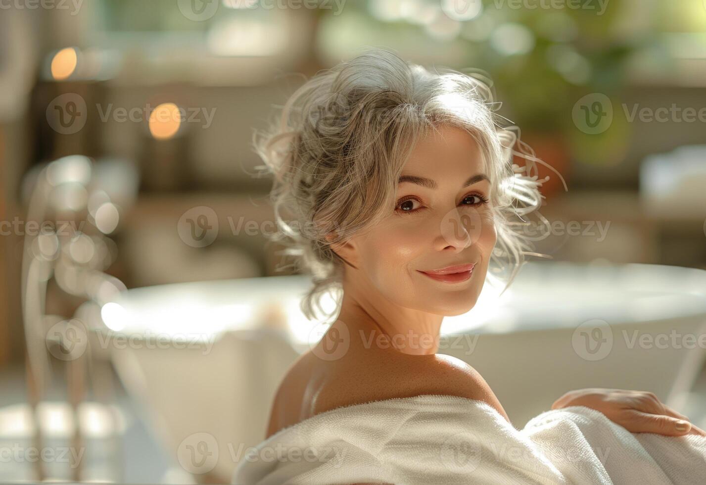 AI Generated Tranquil spa retreat. rejuvenating body care for lovely elderly woman amidst steam room, sauna, and water treatments, promoting relaxation and skin rejuvenation photo